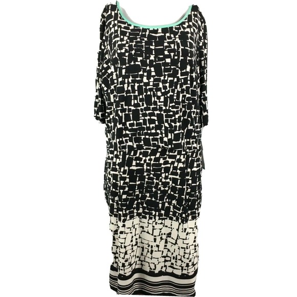NWT‎ Sandra Darren Dress Womens Sz 16 Black White Patterned Stretch Short Sleeve - Picture 1 of 11